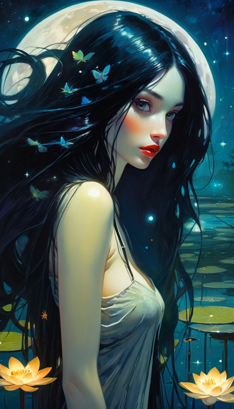 magical girl with her pet mouse, very long black hair, perfect ass, naked communing with nature and night magic, sinister swamp with water lilies, magic, fantastic, night sky, moons, stars, background, (art inspired by Bill Sienkiewicz ). oil painting) (best quality,4k,8k,highres,masterpiece:1.2),ultra-detailed,(realistic,photorealistic,photo-realistic:1.37),intricate details,vivid colors,sharp focus,professional,Dave McKean artwork, oil touch of surrealism,oil painting style,portrait,woman,beautiful detailed eyes,beautiful detailed lips,dreamlike atmosphere,shadow play,soft lighting,playful pose,
