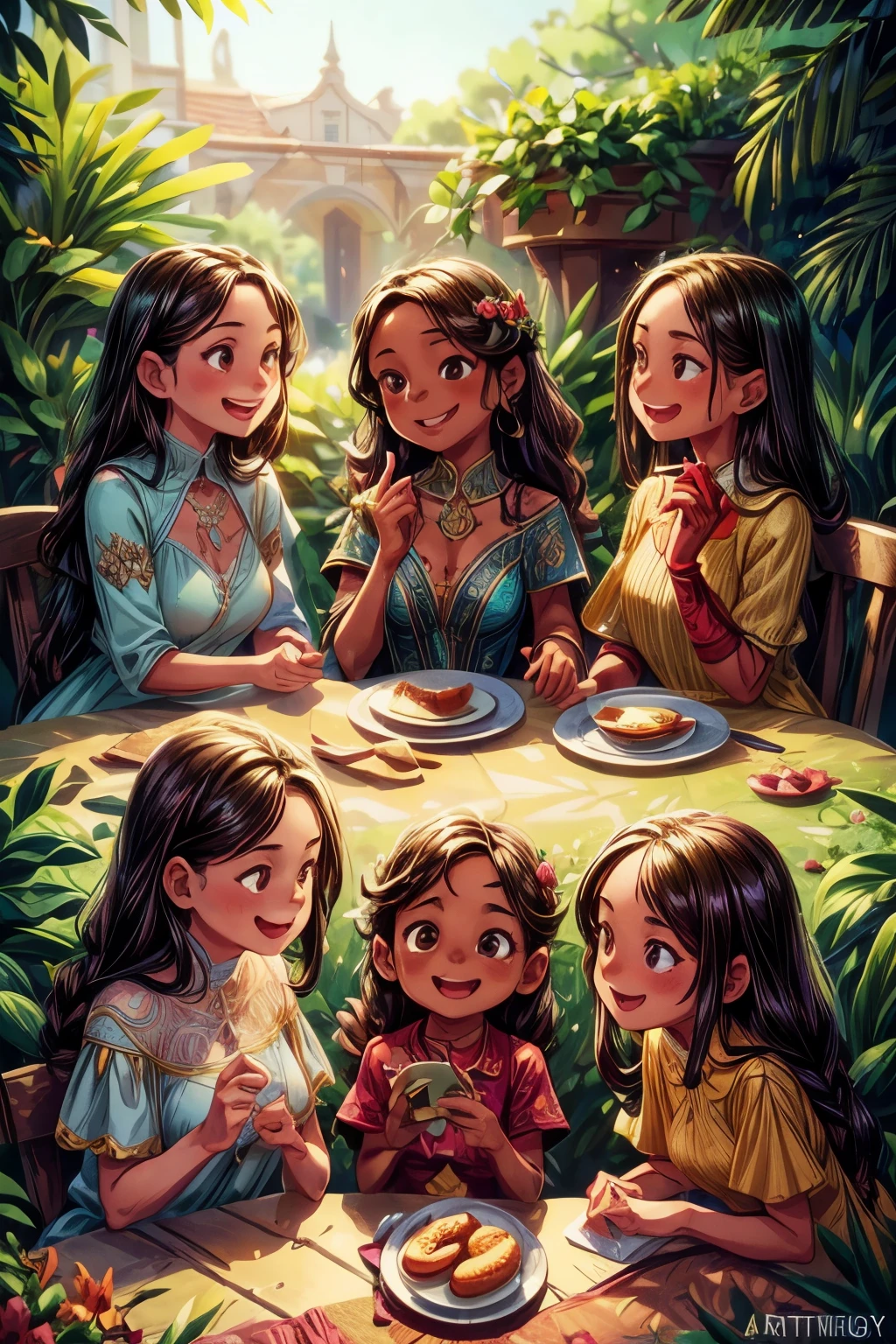 a beautiful group of 4 women, smiling happily, detailed facial features, shiny smooth skin, long hair, elegant dresses, outdoor garden setting, warm sunlight, vibrant colors, cinematic lighting, high quality digital art, intricate details, photorealistic, trending on artstation