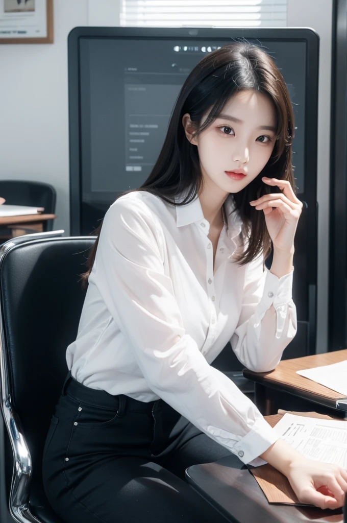 (((actual photography))),, portrait, Korean,(stunning face:1.3),, beautiful girl, Looking at the file,Sit in a large class chair , (Work:1.2), shirt buttons and pants, , (cleavage:0.3),, In the CEO's Office, (environmental details:1.3),, (original photo, CG Unity, photography, ultra actual details, sharp focus, Delicate skin,4K, High resolution, masterpiece, best quality, actual, energetic:1.2),, (8K,4K, Ultra high quality, High resolution, professional, Movie般的, Movie, Dramatic),, Detailed Background,
