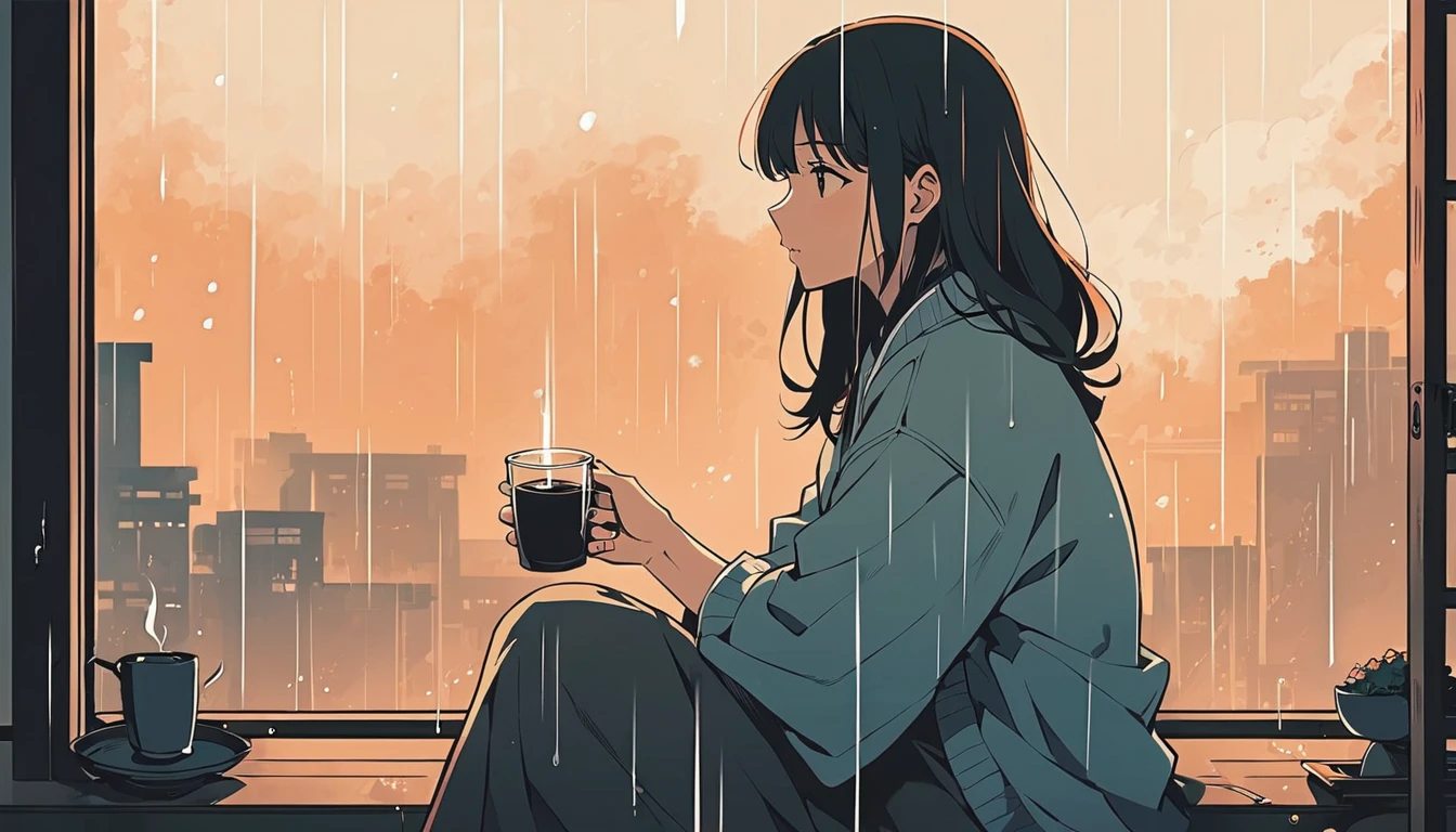 A scene of a girl sitting by the window, holding a hot drink while watching the rain outside, the contrast between the warm atmosphere inside the room and the rain outside is beautiful, Japanese anime style