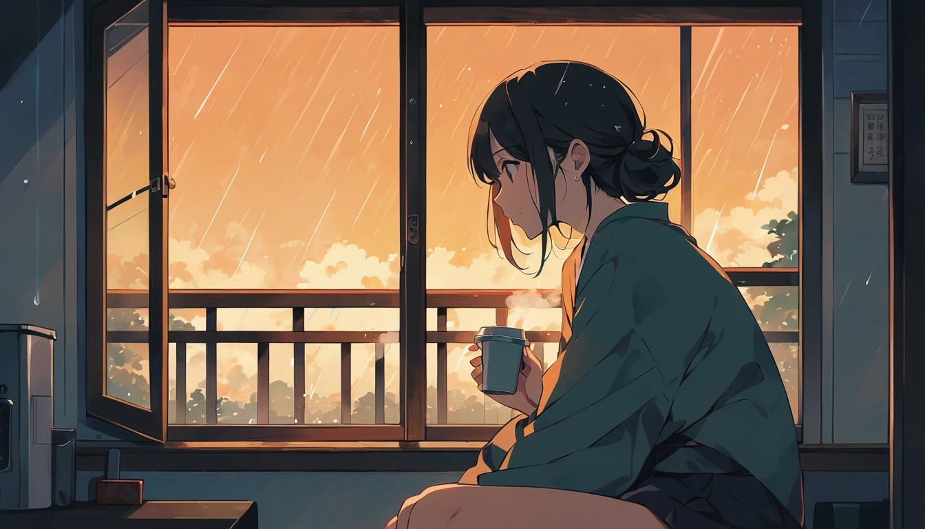 A scene of a girl sitting by the window, holding a hot drink while watching the rain outside, the contrast between the warm atmosphere inside the room and the rain outside is beautiful, Japanese anime style