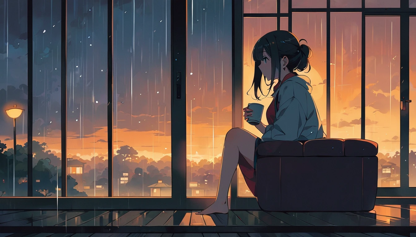 A scene of a girl sitting by the window, holding a hot drink while watching the rain outside, the contrast between the warm atmosphere inside the room and the rain outside is beautiful, Japanese anime style