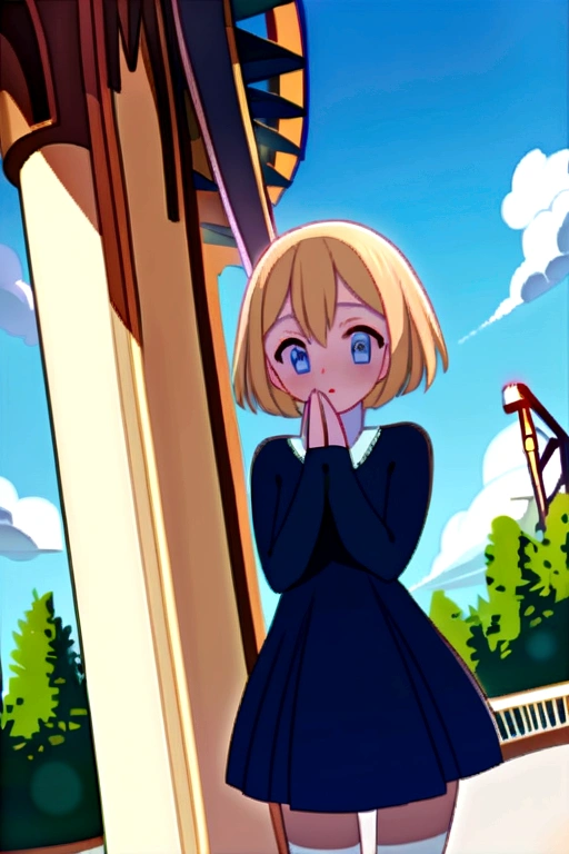 Anime girl with short blonde hair and blue eyes in the theme park