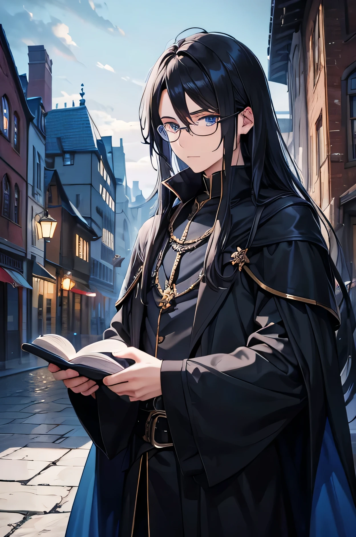A man wearing glasses, black long-haired wizard, dark blue eyes, black with blue wizard clothes, young magician, intellectual, cold personality, medieval city background