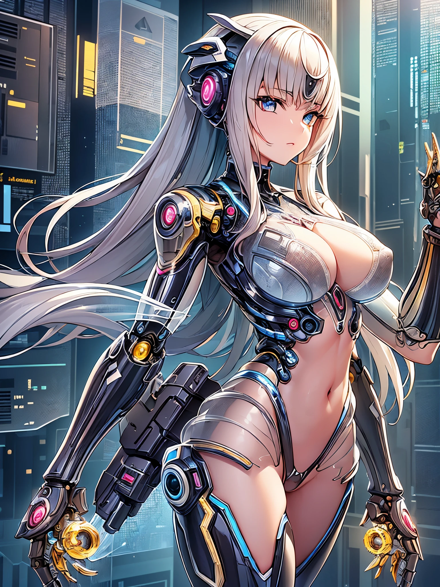 ((Highest quality)),(Ultra-high resolution),(Very detailed),(Detailed Description),((The best CG)),(masterpiece),Highly detailed art,Amazing drawing art,(Sci-fi art with exquisite detail:1.5), (Female Cyborg:1.6),(Mechanical body depicted with ultra-precise detail:1.5),((Transparent parts:1.5)),cylinder,Actuator,((Transparent parts:1.8)),Precision circuit, flash,neon,impact,
