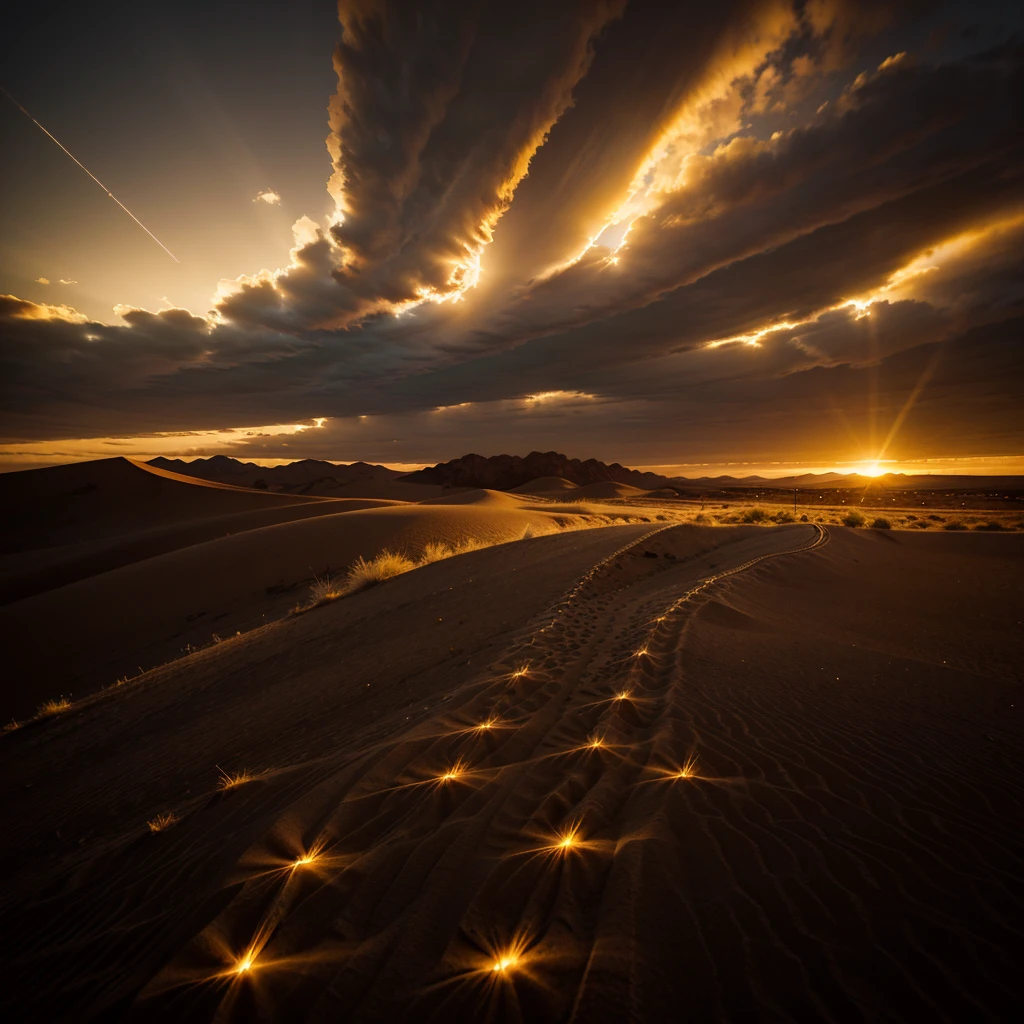 Dark desert sky at sunset, light swirls of wind, golden sparks, good quality