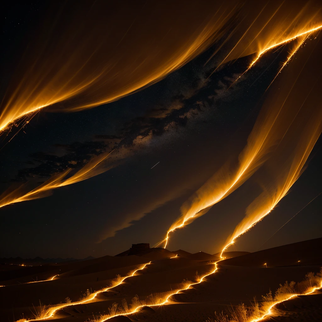 Dark desert sky at sunset, light swirls of wind, golden sparks, good quality