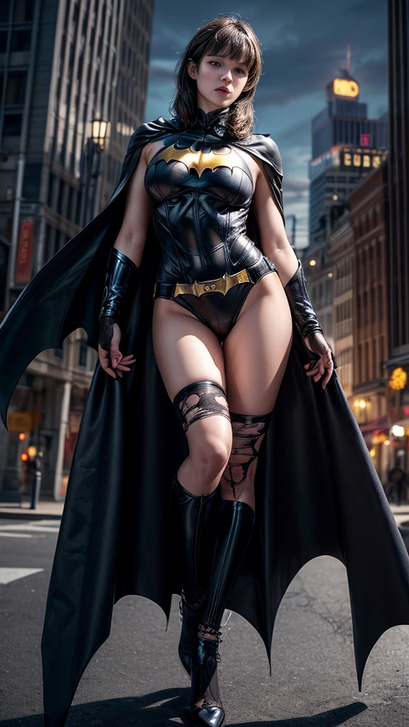 nsfw:1.1、((Cowboy Shot))、Mature Woman、(masterpiece, Highest quality), Intricate details, 8K, 1 Girl, Long Hair, Bowl Cut Hair,((blunt bangs))、 Black Hair,((Ultra-detailed and intricately designed Batman suit)),Skyscraper, city, building,street,((Delicate painting)),(Detailed RAW photos of girls), (Pieces fly:1.25), (Highest quality:1.6), (Ultra-high resolution:1.5), (Photorealistic:1.75), 8K resolution, Canon EOS R5, 50mm, Confused, Very detailed,Cinema Lighting、(((Super big breasts)))、Leg spread、The abdomen is visible、((Separate suits))、Ultra-detailed and intricately decorated Batman knee-high socks、Sexy pose、Ultra-detailed Batman bikini、(((Ripped and tattered suit:1.1)))、((mini skirt))、((Cape))