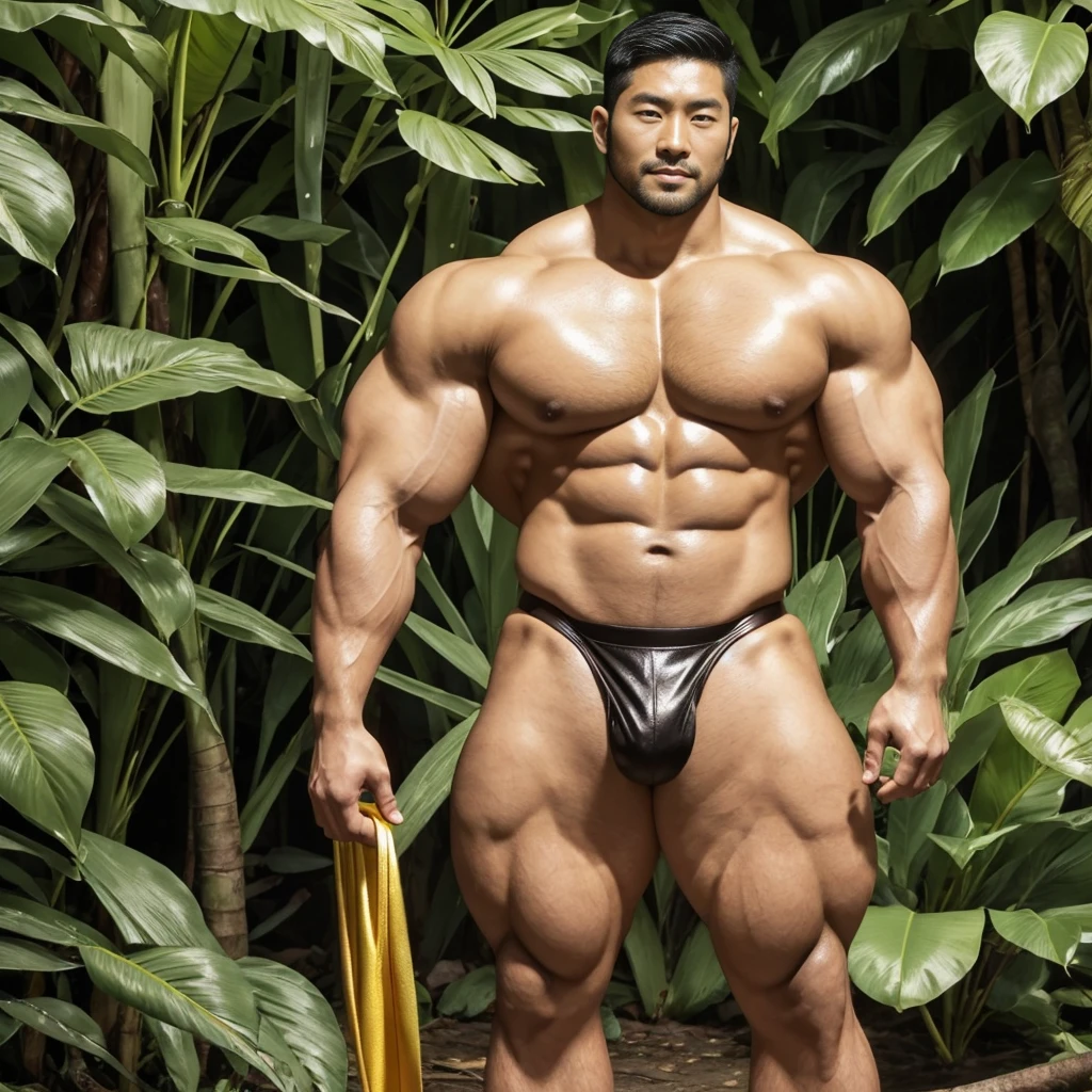 There is only one handsome Asian actor in the photo,35 years old,High target, Fitness,short hair, O-Shaped Beard,Perfect body, Dark skin color,Radiant Skin,Smooth skin,Muscle bulge, muscular, Very large pectoral muscles,Very sexy abdominal muscles,Very well-developed leg muscles,Huge concave and convex area,Brightens oily skin,Wearing a gold leather shiny thong,Handsome face, Correct and accurate male body proportions, Wear black socks,Stand in the rainforest,Lots of tropical flowers around。