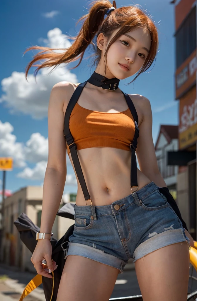 The centerpiece of the image is Misty from Pokémon, standing outdoors with a confident smile. (Son Na-eun's face), She has orange hair styled in a side pony-tail, and is wearing white bikini that shows off her midriff and navel. Her short hair frames her face, ((brown-colored hair)), (collar bones), (breast gap), the colors are vivid and eye-catching, and the image is high-resolution, (camel toe), (((tiny busts))), ((wide cleavage gap)), ((wide groin area)) 