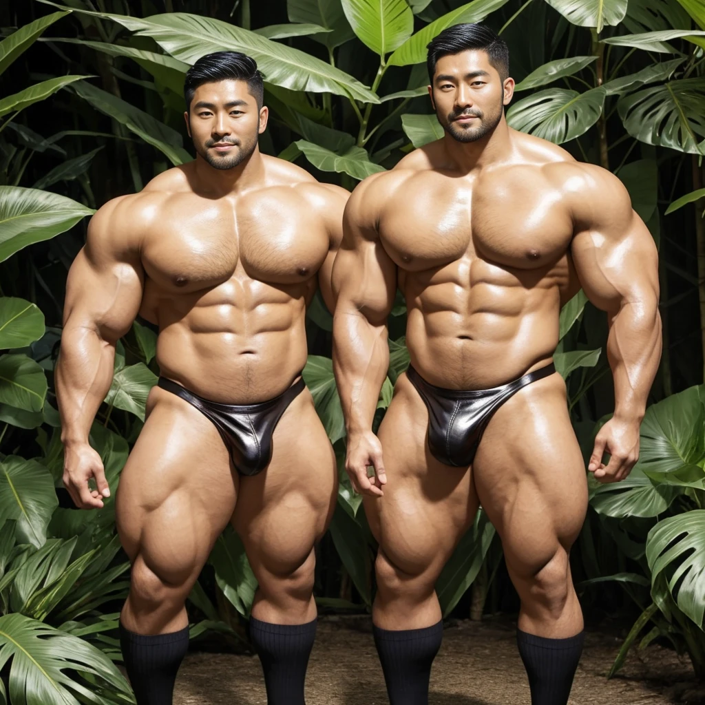 There is only one handsome Asian actor in the photo，35 years old，High target, Fitness，short hair, O-Shaped Beard，Perfect body, Dark skin color，Radiant Skin，Smooth skin，Muscle bulge, muscular, Very large pectoral muscles，Very sexy abdominal muscles，Very well-developed leg muscles，Huge concave and convex area，Brightens oily skin，Wearing a gold leather shiny thong，Handsome face， Correct and accurate male body proportions, Wear black socks，Stand in the rainforest，Lots of tropical flowers around。
