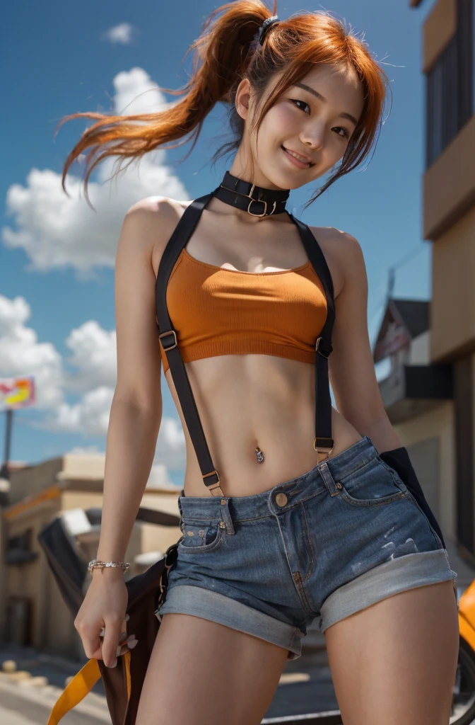 The centerpiece of the image is Misty from Pokémon, standing outdoors with a confident smile. (Son Na-eun's face), She has orange hair styled in a side pony-tail, and is wearing white bikini that shows off her midriff and navel. Her short hair frames her face, ((brown-colored hair)), (collar bones), (breast gap), the colors are vivid and eye-catching, and the image is high-resolution, (camel toe), (((tiny busts))), ((wide cleavage gap)), ((wide groin area)) 