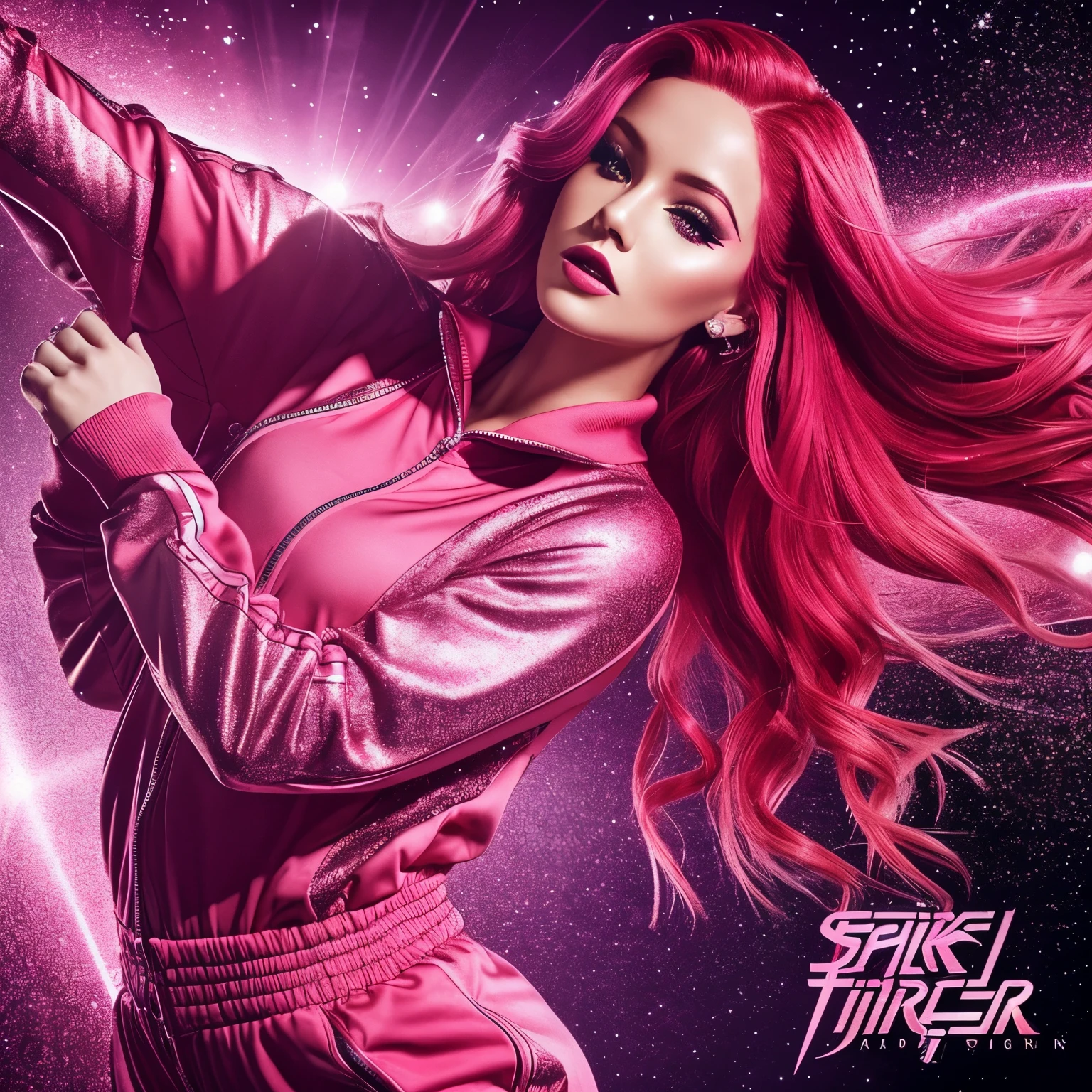 A CD music disk cover. A young woman with long, vibrant red hair, dressed in pink tracksuit set. She has intricate tattoos on her left arm and is wearing, her makeup is striking with dark lipstick. The overall look is edgy and fashionable. She is dancing. Pink party vibe, clouds, glitter, sparky
