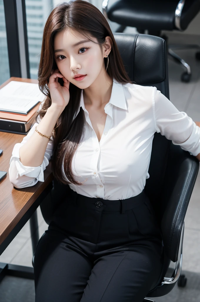 (((actual photography))),, portrait, Korean，(stunning face:1.3),, beautiful girl, Looking at the file,Sit in a large class chair , (Work:1.2), shirt buttons and pants, , (cleavage:0.3),, In the CEO&#39;s Office, (environmental details:1.3),, (original photo, CG Unity, photography, ultra actual details, sharp focus, Delicate skin,4K, High resolution, masterpiece, best quality, actual, energetic:1.2),, (8K,4K, Ultra high quality, High resolution, professional, Movie般的, Movie, Dramatic),, Detailed Background,