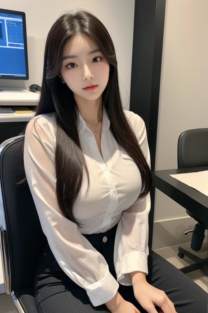 (((actual photography))),, portrait, Korean，(stunning face:1.3),, beautiful girl, Looking at the file,Sit in a large class chair , (Work:1.2), shirt buttons and pants, , (cleavage:0.3),, In the CEO&#39;s Office, (environmental details:1.3),, (original photo, CG Unity, photography, ultra actual details, sharp focus, Delicate skin,4K, High resolution, masterpiece, best quality, actual, energetic:1.2),, (8K,4K, Ultra high quality, High resolution, professional, Movie般的, Movie, Dramatic),, Detailed Background,