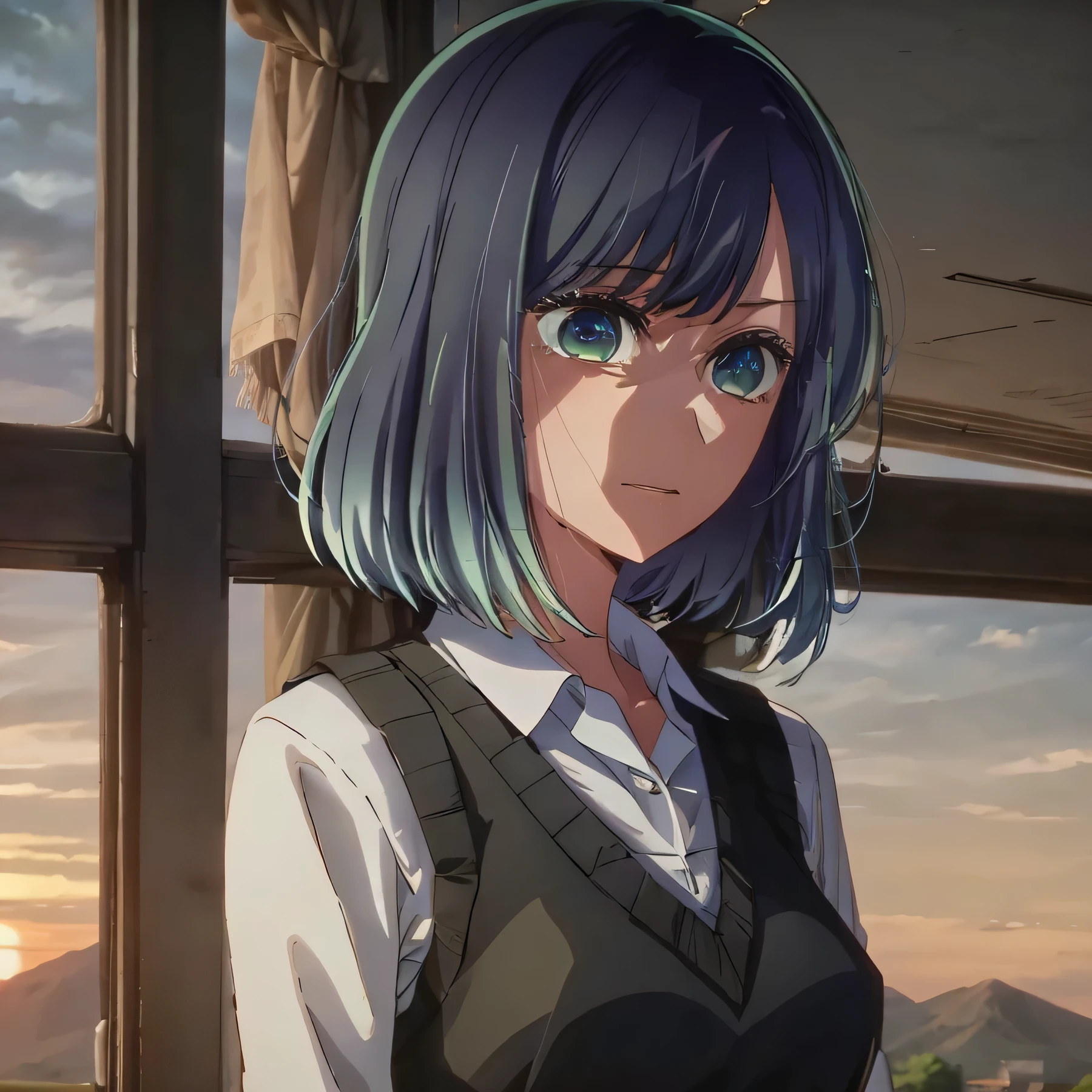 tall body, tall, long legs, mature woman, mature, adult, , eft_oshi_akane, alone, 1 girl, blue hair, looking at viewer, medium hair, bangs, closed mouth, green eyes, multicolored hair, short hair, faded hair, blue eyes, eyes of love, sunset, beautiful field, sundresses, more details XL
