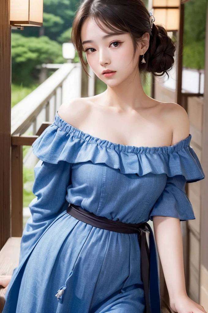 (((masterpiece))),(((High resolution)))、(((8K)))、(((perfect face)))、(((beauty of japan)))、20 years old、(((beautiful face))), (((off shoulder dress))), Plump, embarrassed look, look at the camera、top quality eyes, detailed texture, look at the camera, big