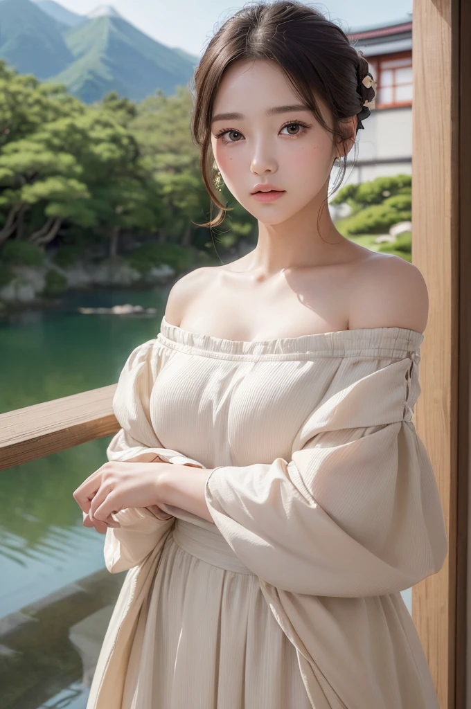 (((masterpiece))),(((High resolution)))、(((8K)))、(((perfect face)))、(((beauty of japan)))、20 years old、(((beautiful face))), (((off shoulder dress))), Plump, embarrassed look, look at the camera、top quality eyes, detailed texture, look at the camera, big