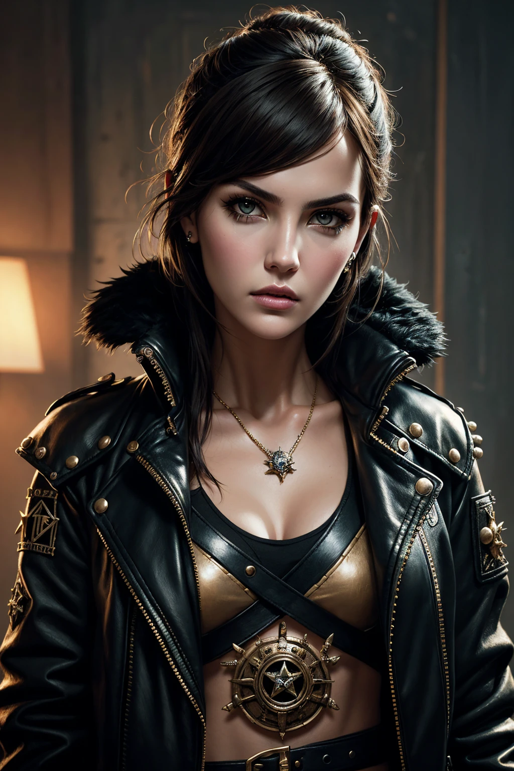 Cute punk scull, 36k, portrait Camilla Belle, mad max jacket, renaissance, cables on her body, hyper realistic style, oil painting, fantasy by olga fedorova