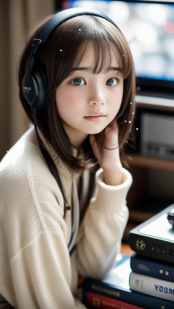 1girl, 1900'S 95 y.o. flyweight Sadness from Inside Out surrounded by Game consoles,12yo Beautiful girl, Composing music, Snowing, shallow depth of field, Direct light, 800mm lens, female