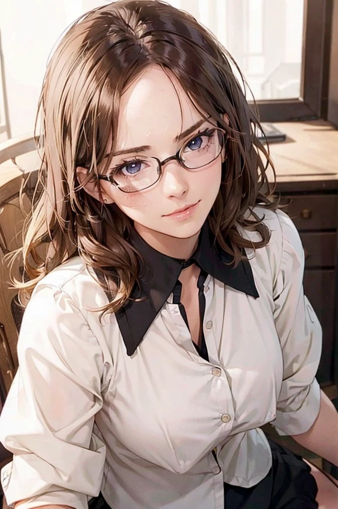 Masterpiece, 最high quality, high quality, High resolution, high quality texture, high quality shadows, High resolution, Beautiful details, Detailed CG, Detailed Texture, Realistic representation of face, Realistic, colorful, delicate, Cinematic Light, Side light, Lens flare, Ray Tracing, sharp concentrated, (1 Girl,concentrated:1.3), ( Intricate details, compensate, PureErosFaceV1:0.5), (細部まで美しいdelicateな顔, 緻密で美しいdelicateな瞳, Perfect Facial Proportions, Dense skin, Optimal ratio of four fingers to one thumb,Unified 8k wallpaper, Arms under chest, Modest chest, Wide Hips, Smooth upper abdomen, 35 years old, blue eyes, glasses, air fortress hair, blonde hair, house wife, the gaze of true love, lips of temptation, A look full of compassion ,a smile full of love, i love you, Acting lovey-dovey, I love you so much I'm crazy,
cabin attendant uniform,white blouse with open neck ,tight fitting black skirt,black stockings, excellent secretary ,working as a secretary, wooden desk, wooden chair,