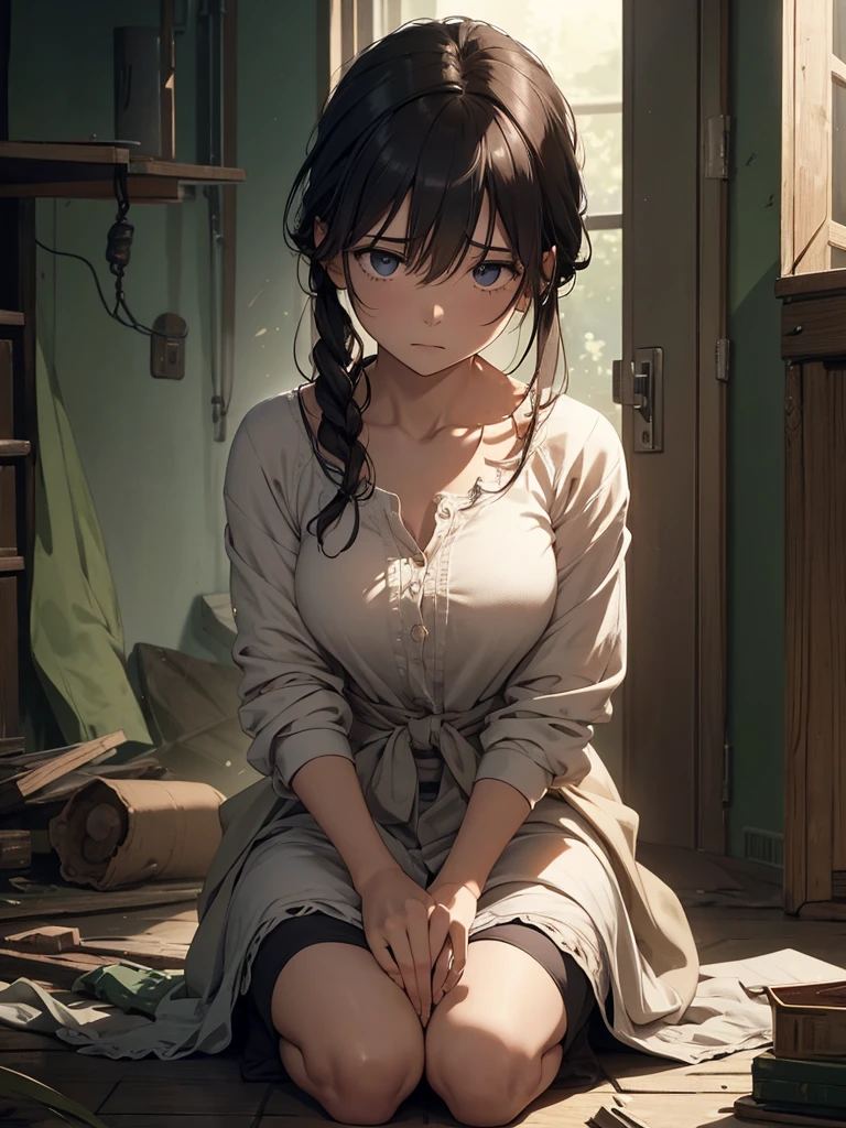 (masterpiece、top-quality、hight resolution、Unity 8k Wallpaper、extremely details CG:1), Create an image from the protagonist's perspective, depicting a scene where a woman who escaped from a fallen defensive line is pleading with the protagonist. The woman, who has lost all her relatives, superiors, and subordinates, was found collapsed and was nursed back to health by the protagonist. She is now conscious and aware of her situation, and after some time, she has come to trust the protagonist deeply. The scene is set in a simple and safe shelter. The woman is on her knees, looking up at the protagonist with desperation and hope in her eyes, saying, "I am all alone now. Please, let me stay with you."