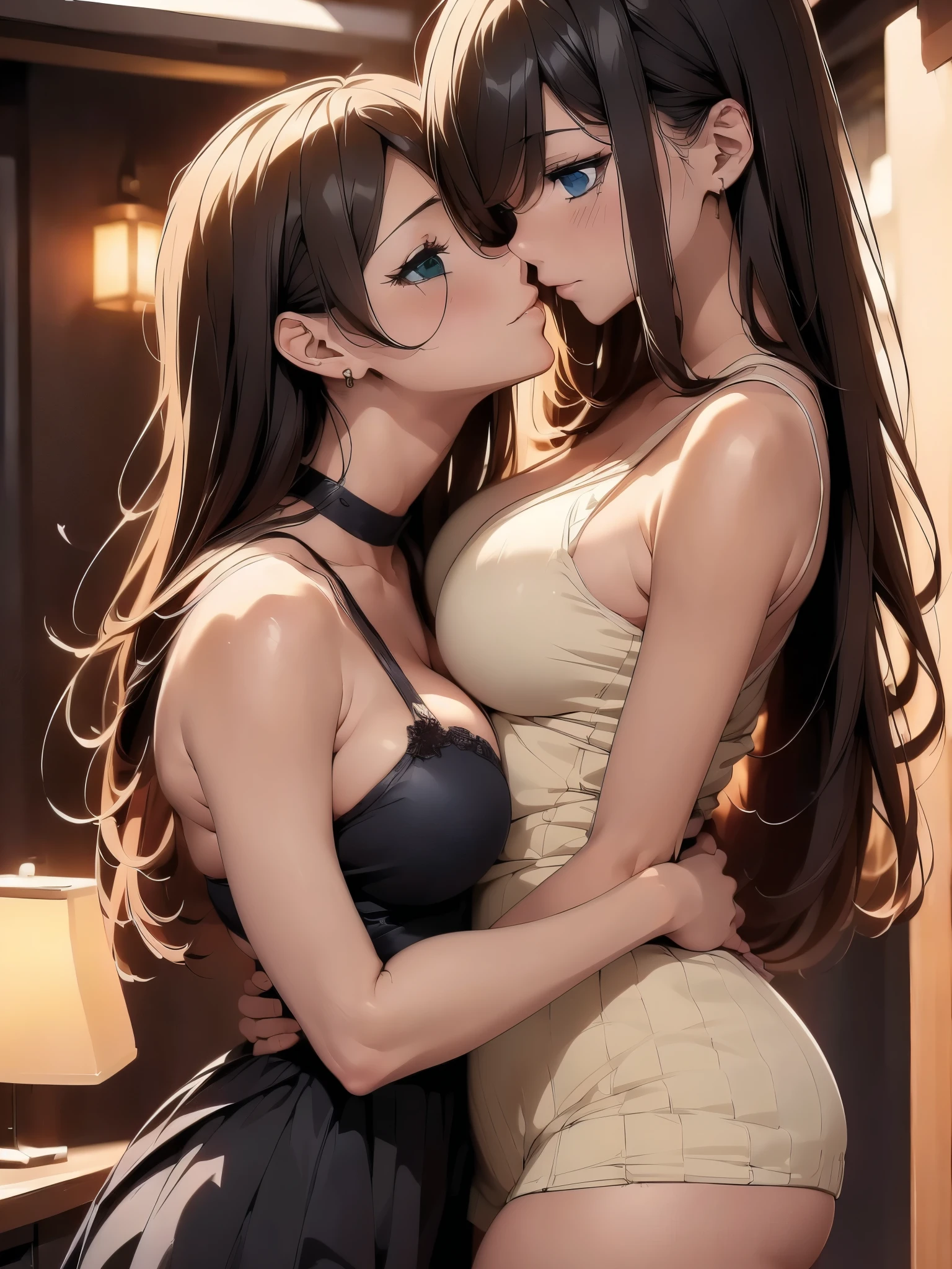 (anime drawing)One  GL women (lesbians) kiss each other passionately. (Beautiful, ????, hot) They kiss in their beautiful, harmonious embrace