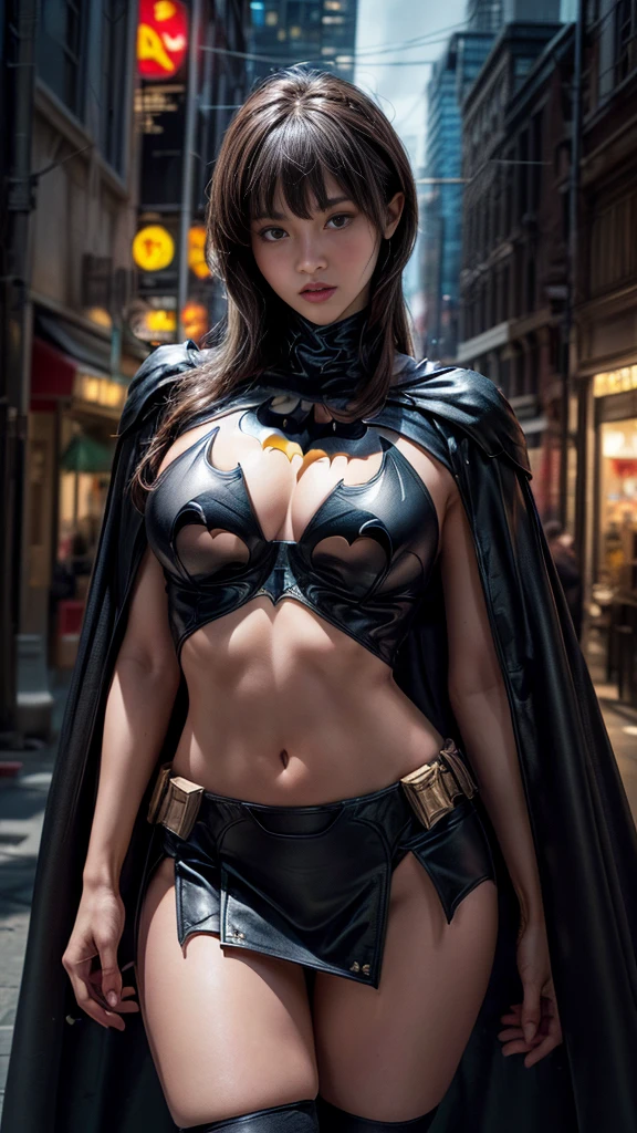 nsfw:1.1、((Cowboy Shot:1.1))、Mature Woman、(masterpiece, Highest quality), Intricate details, 8K, 1 Girl, Long Hair, Bowl Cut Hair,((blunt bangs))、 Black Hair,((Ultra-detailed and intricately designed Batman suit)),Skyscraper, city, building,street,((Delicate painting)),(Detailed RAW photos of girls), (Pieces fly:1.25), (Highest quality:1.6), (Ultra-high resolution:1.5), (Photorealistic:1.75), 8K resolution, Canon EOS R5, 50mm, Confused, Very detailed,Cinema Lighting、(((Super big breasts)))、Leg spread、The abdomen is visible、((Separate suits))、Ultra-detailed and intricately decorated Batman knee-high socks、Sexy pose、Ultra-detailed Batman bikini、(((Ripped and tattered suit:1.1)))、((mini skirt))、((Cape))