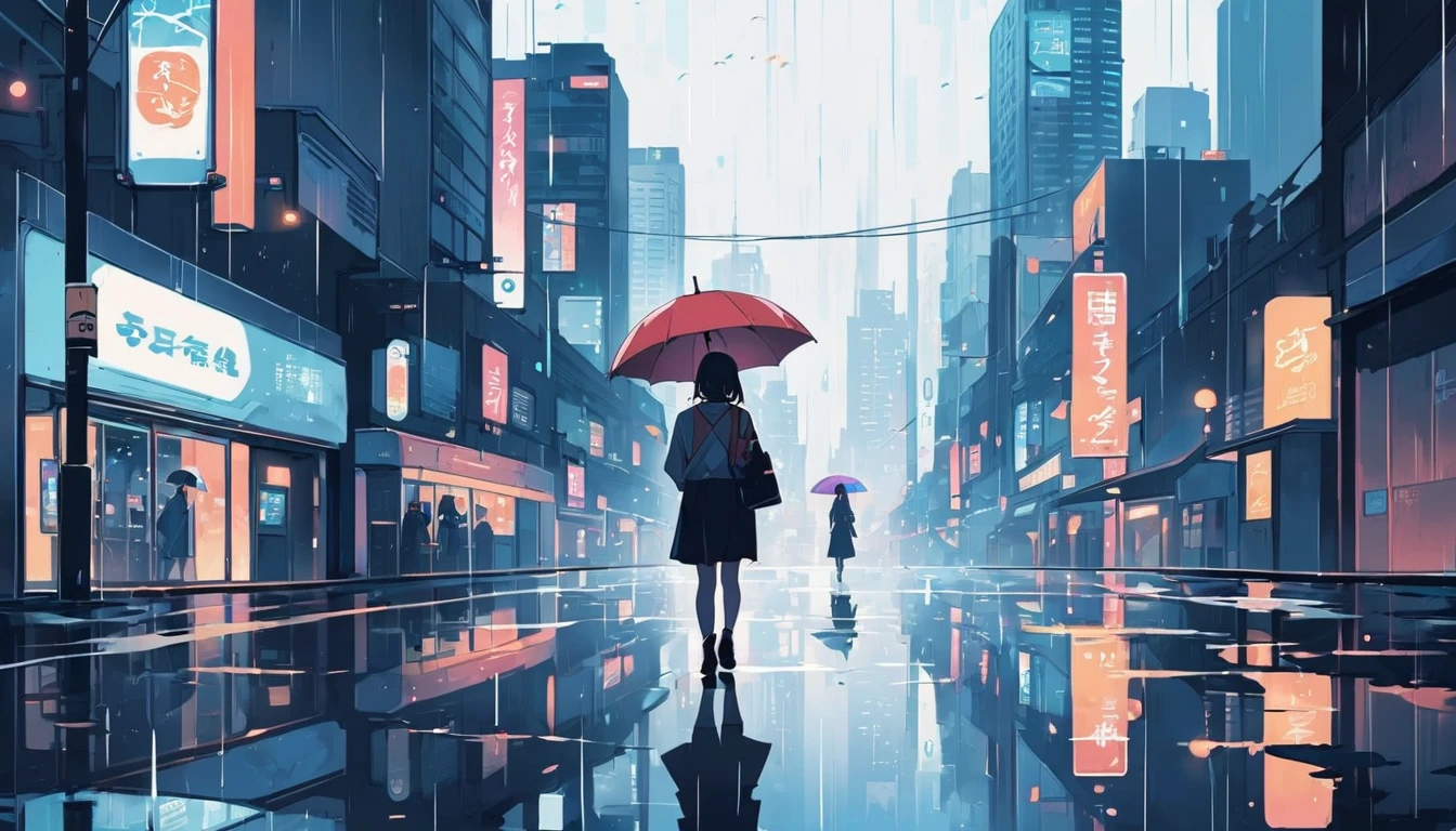 A cityscape of a girl walking in the rain with a cute umbrella, with a girl walking lightly against a background of reflective puddles and a quiet cityscape, Japanese anime style