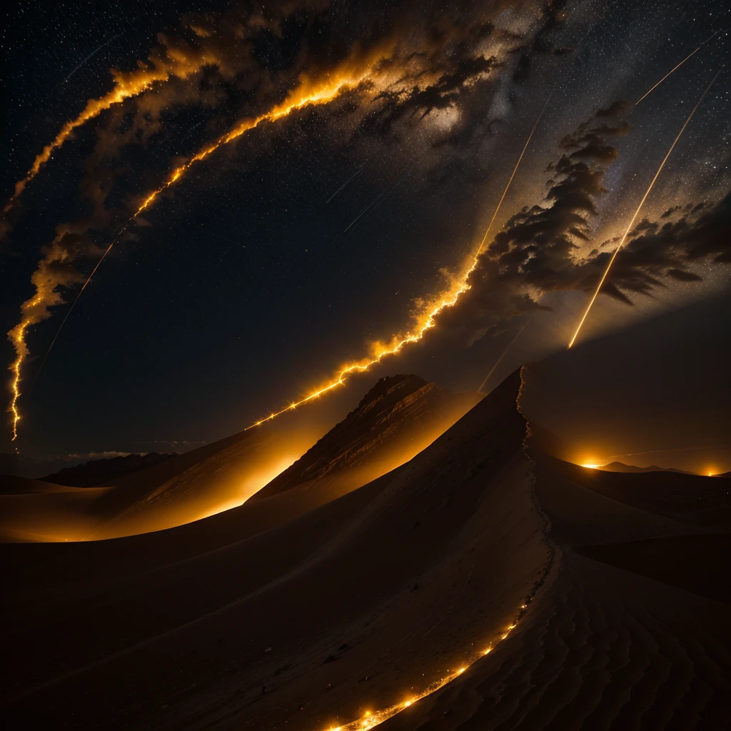 Dark desert sky at sunset, light swirls of wind, golden sparks, good quality