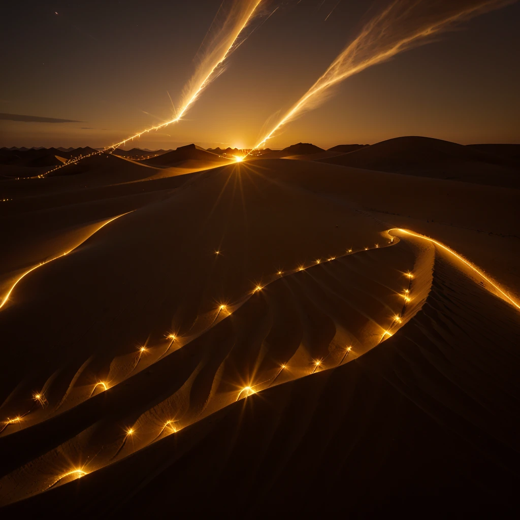 Dark desert sky at sunset, light swirls of wind, golden sparks, good quality