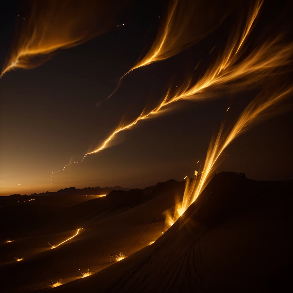 Dark desert sky at sunset, light swirls of wind, golden sparks, good quality