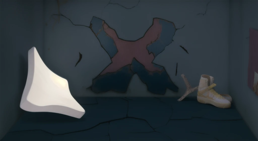 dirty room with destroyed wall, cracked floor, mattress, fallen chair