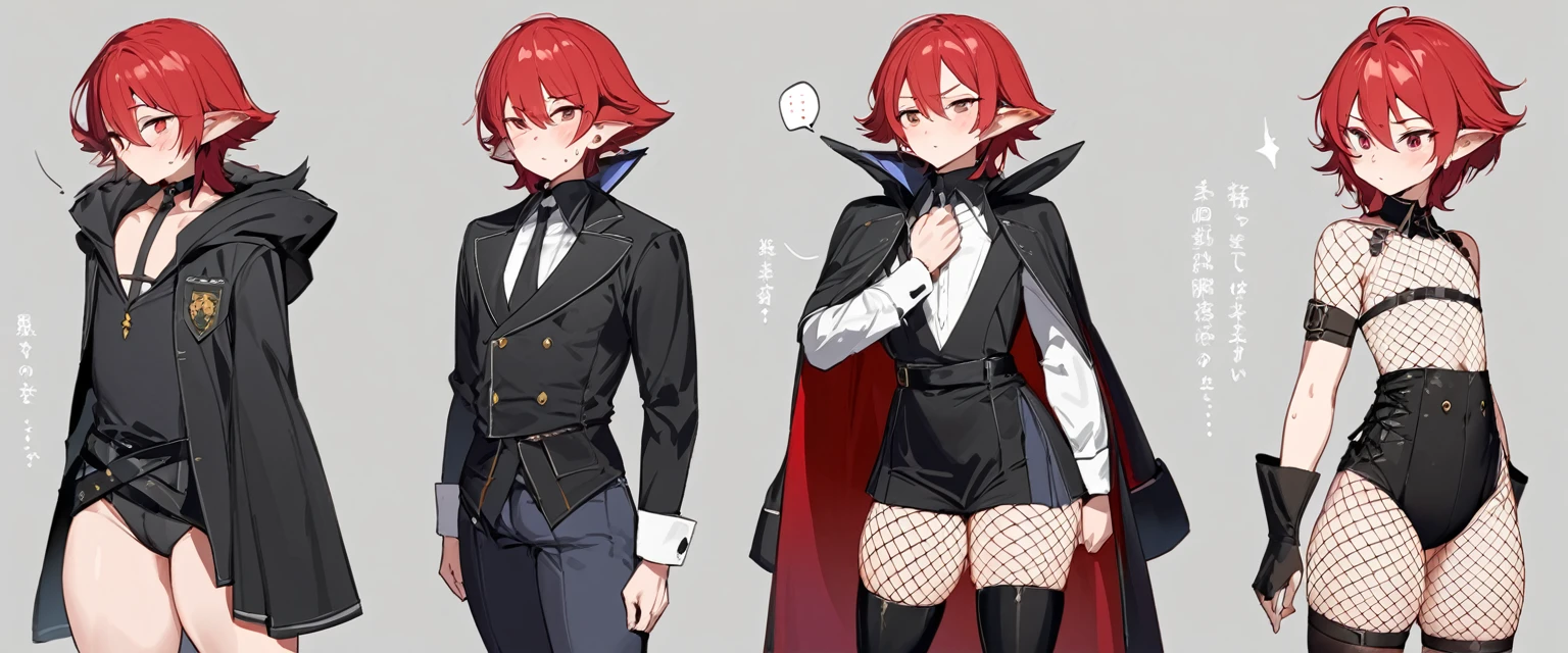 male, Has long red hair, a des oreilles de loup, a une queue de loup, a les yeux red, porter un short en jean, thigh high fishnets, black combat boots, porter un sweat à capuche noir court, flat chest, super flat chest, aloneement femboy, un alone garçon ((flat chest)) (alone)(aloneement) alone, aloneement, Hanches larges, thick thighs, male, is male