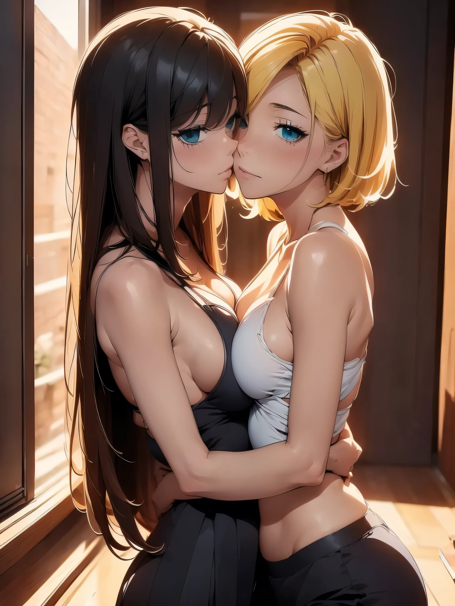 2girl,Young Girl,Two girls kissing each other with their tongues entwined,Lesbian,,looking at the camera