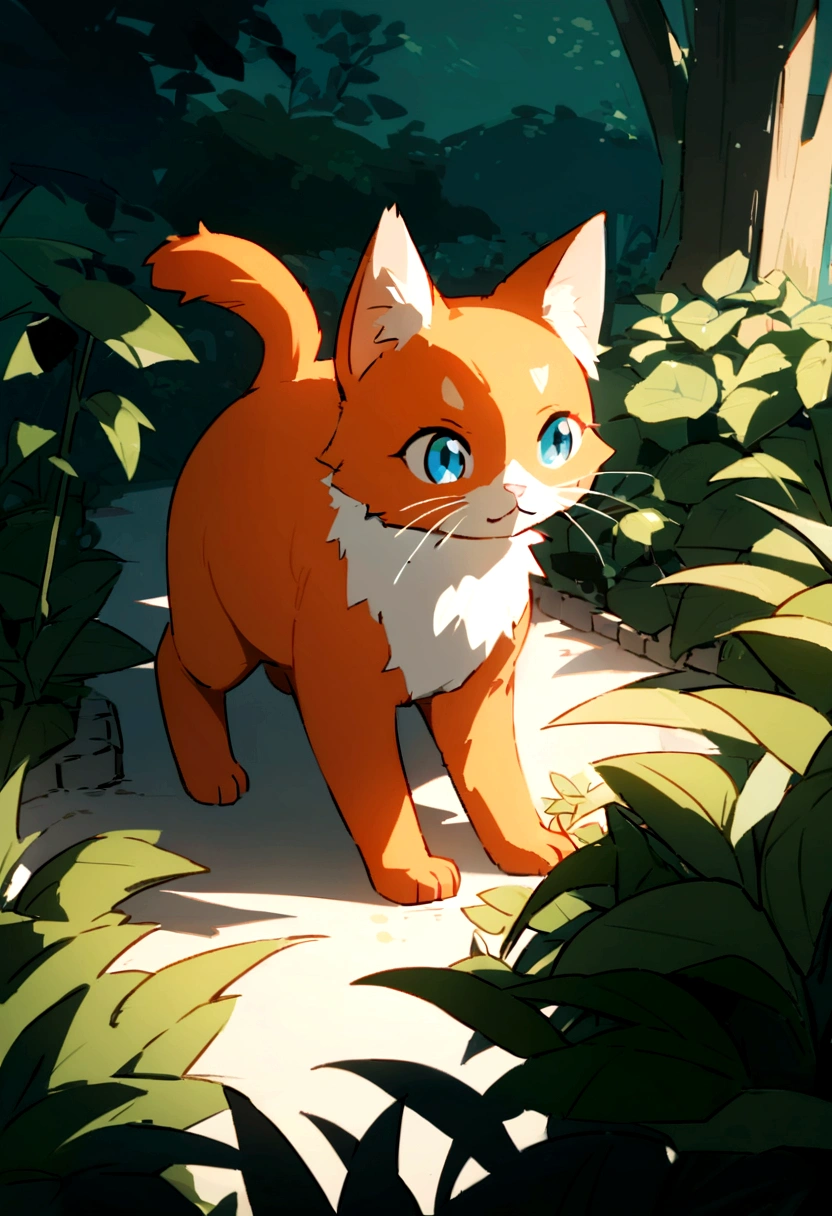Create an animation of Sarah discovering Ginger, a cat with distinctive orange fur, exploring the garden. Emphasize their first encounter and the establishment of their bond.