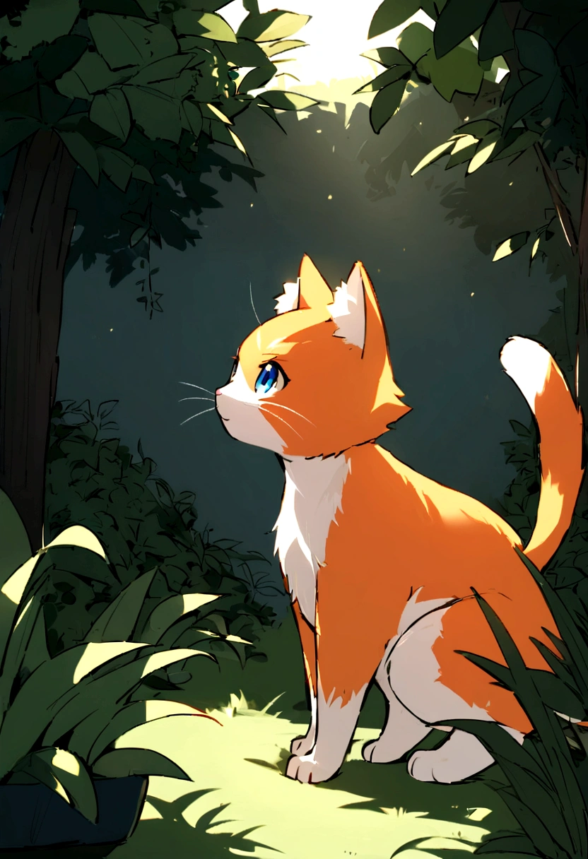 Create an animation of Sarah discovering Ginger, a cat with distinctive orange fur, exploring the garden. Emphasize their first encounter and the establishment of their bond.