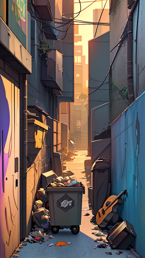 a waste collection truck in a back alley, garbage collectors playing rock instruments, guitarist, bassist, keyboardist, drummer, singing rock in the alley, detailed scene, hyper-realistic, vibrant colors, dramatic lighting, cinematic, 4k, masterpiece