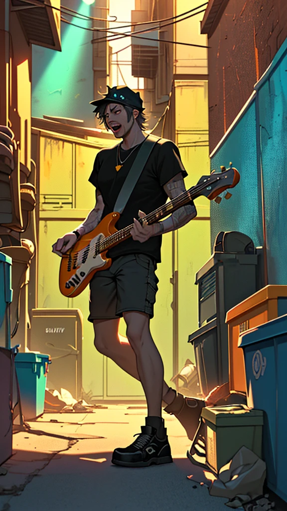 a waste collection truck in a back alley, garbage collectors playing rock instruments, guitarist, bassist, keyboardist, drummer, singing rock in the alley, detailed scene, hyper-realistic, vibrant colors, dramatic lighting, cinematic, 4k, masterpiece