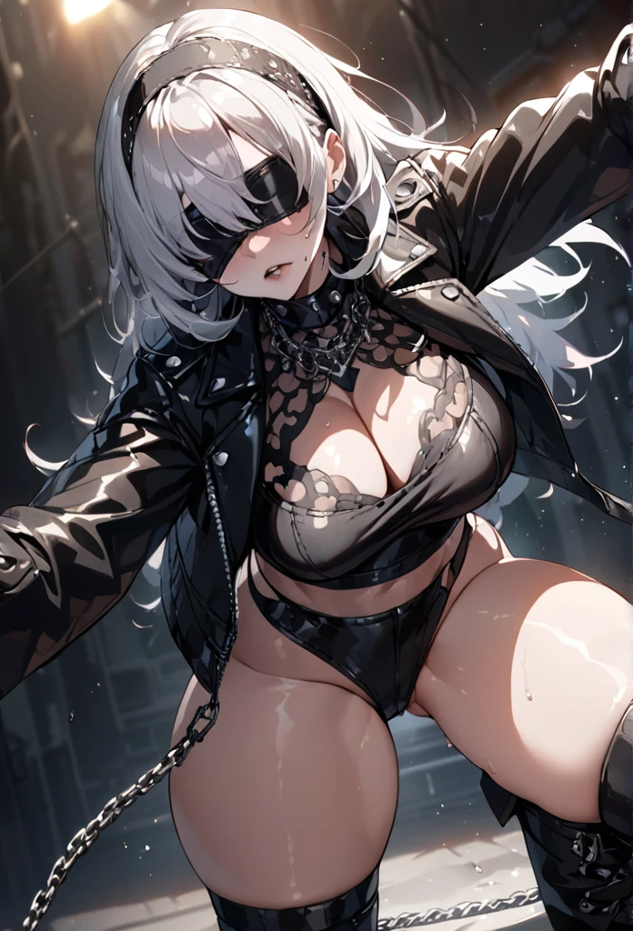 best quality, masterpiece, ultra-detailed, illustration, dynamic pose, 2B ,type2b,black_blindfold,black_hairband,cleavage_cutout,white_hair, (perfectly proportionate body), eyeliner, tired,wearing a leather jacket, adorned with studded accessories, platform boots, layered necklaces, bold patterns, (torn fishnets), dramatic makeup, black nail polish, oversized rings, chains and buckles, black lipstick, busty body, wearing a crop-top, close-up shot, glossy lips, cinematic lighting, volumetric lighting, vibrant colors, ray tracing, 