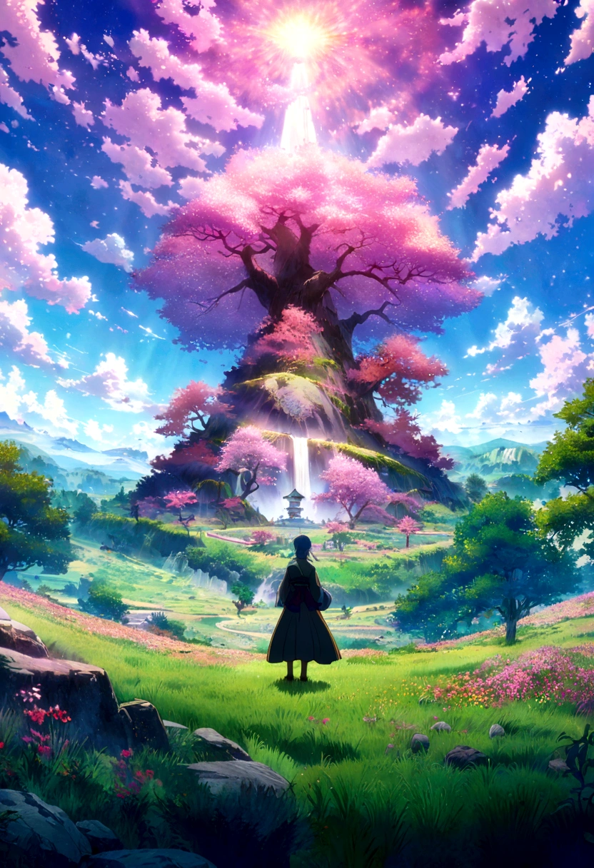 
japanese anime - style painting of a tree in a grassy field with rocks, anime countryside landscape, anime landscape, anime landscape wallpaper, anime background art, beautiful anime scenery, anime background, anime beautiful peace scene, anime scenery, anime movie background, anime nature, anime scenery concept art, colorful anime movie background, beautiful anime scene, anime scene, beautiful landscape background