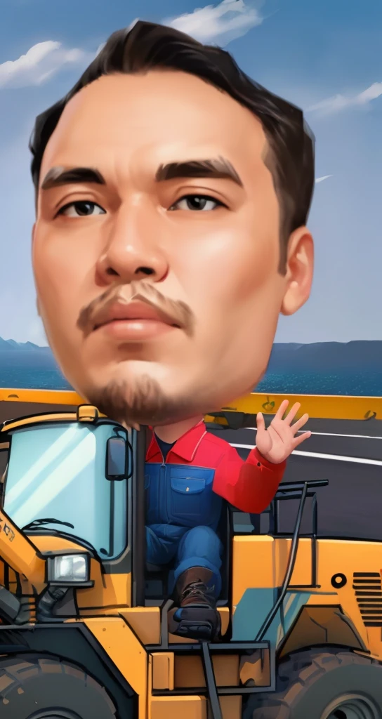 cartoon of a man driving a bulldozer with a crane in the background, stylized digital illustration, gta chinatowon art style, avatar image, caricature illustration, mining, in cartoon style, caricature style, cartoon digital painting, big head, big shovel, cartoon artstyle, construction, cartoon digital art, proffesional illustration, nft portrait, cartoon portrait