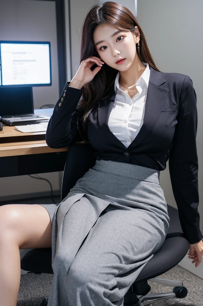 (((actual photography))),, portrait, Korean,(stunning face:1.3),, beautiful girl, Looking at the file,Sit in a large class chair , (Hip skirt,,Work:1.2), shirt buttons and pants, , (cleavage:0.3),, In the CEO's Office, (environmental details:1.3),, (original photo, CG Unity, photography, ultra actual details, sharp focus, Delicate skin,4K, High resolution, masterpiece, best quality, actual, energetic:1.2),, (8K,4K, Ultra high quality, High resolution, professional, Movie般的, Movie, Dramatic),, Detailed Background,