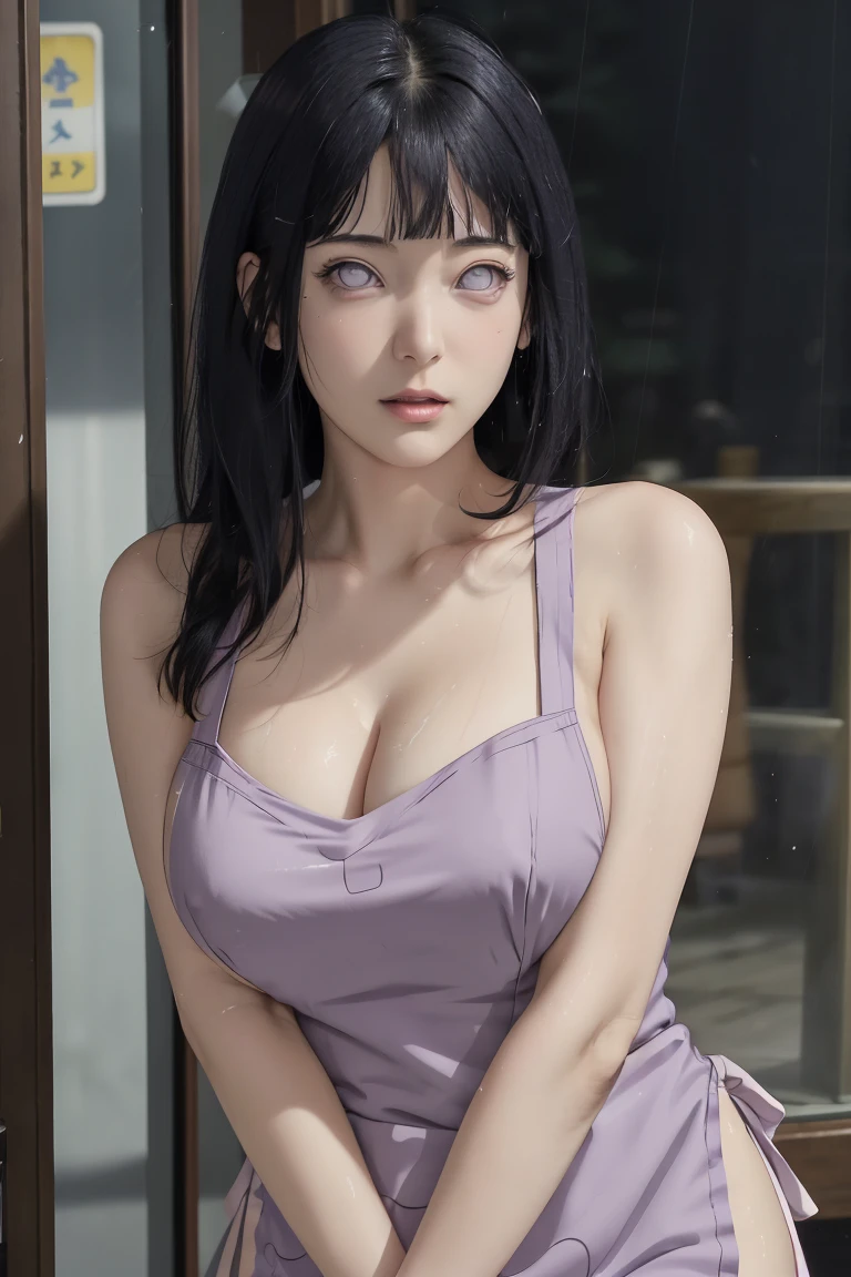 Made, absurderes, Hinata\(Boruto\), 1girll, Solo,Mature female, view the viewer,Perfectcomposition, Detailed lips, big breast, Beautiful face, body propotion, Blush, Long hair, Purple eyes, Soft Gaze, Sticky Liquid In the mouth, Sticky Liquid in the Breast, Super realistic, Detailed, photoshoot, Realistick faces and bodies,(perspire,Sweat a lot,Blushlush,Be red in the face,Blushlush),(Bigboobs),Outdoors,Stand at the door of the phone booth,natta,raining day, ((apron)), ((cleavage)), sideboob