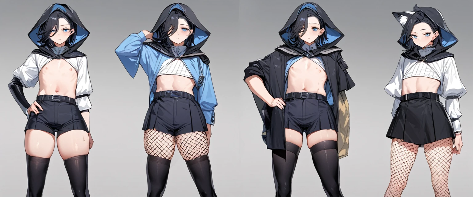 male, A de longs cheveux blancs, a des oreilles de loup, a une queue de loup, has blue eyes, porter un short en jean, thigh high fishnets, black combat boots, porter un sweat à capuche noir court, flat chest, super flat chest, aloneement femboy, un alone garçon ((flat chest)) (alone)(aloneement) alone, aloneement, Hanches larges, thick thighs, male, is male