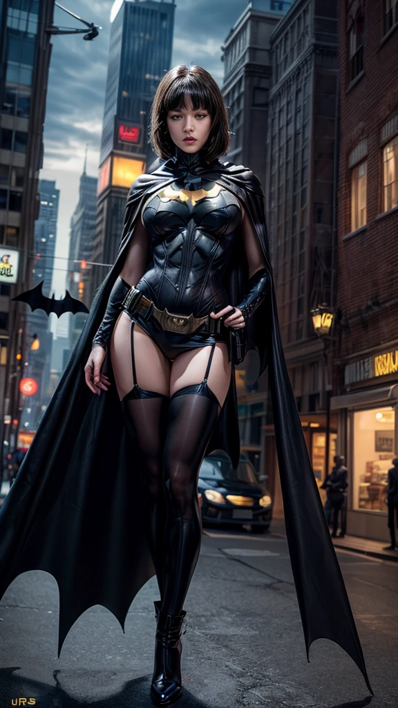 nsfw:1.1、((Cowboy Shot))、Mature Woman、(masterpiece, Highest quality), Intricate details, 8K, 1 Girl, Long Hair, Bowl Cut Hair,((blunt bangs))、 Black Hair,((Ultra-detailed and intricately designed Batman suit)),Skyscraper, city, building,street,((Delicate painting))，(Detailed RAW photos of girls), (Pieces fly:1.25), (Highest quality:1.6), (Ultra-high resolution:1.5), (Photorealistic:1.75), 8K resolution, Canon EOS R5, 50mm, Confused, Very detailed,Cinema Lighting、(((Super big breasts)))、Leg spread、The abdomen is visible、((Separate suits))、Ultra-detailed and intricately decorated Batman knee-high socks、Sexy pose、Ultra-detailed Batman bikini、(((Ripped and tattered suit:1.1)))、((mini skirt))、((Cape))、Gotham city