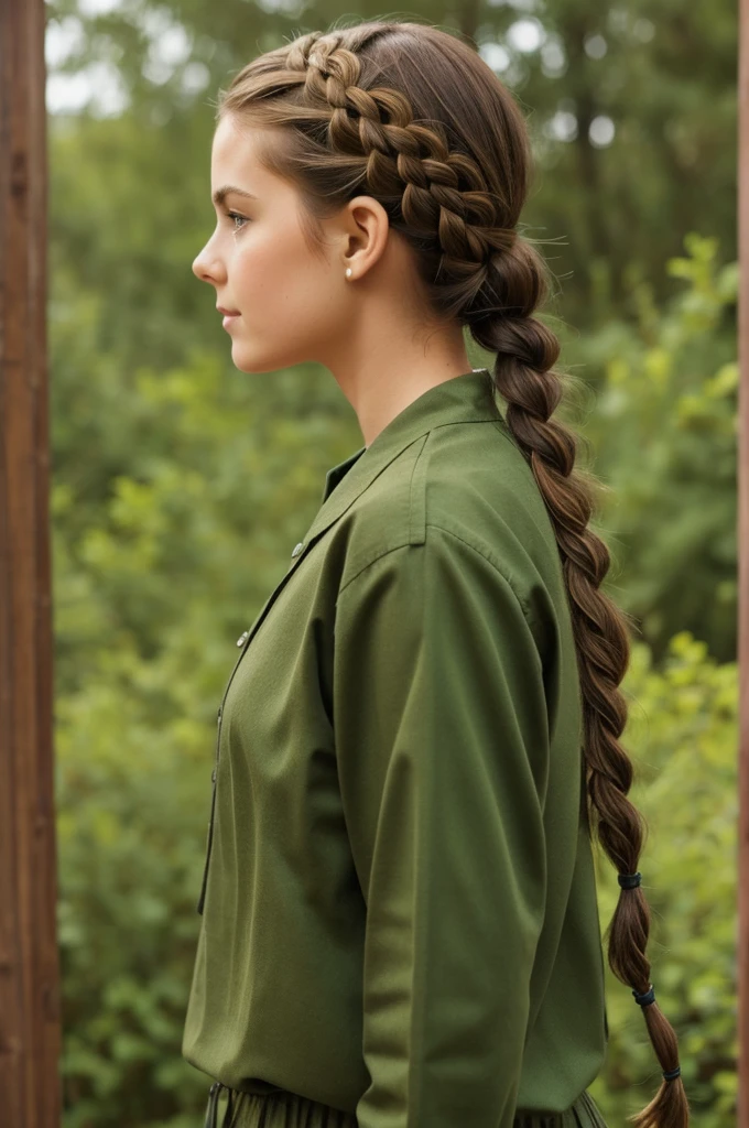 Girl with brown hair and a braid, 3/4 view with green clothes
