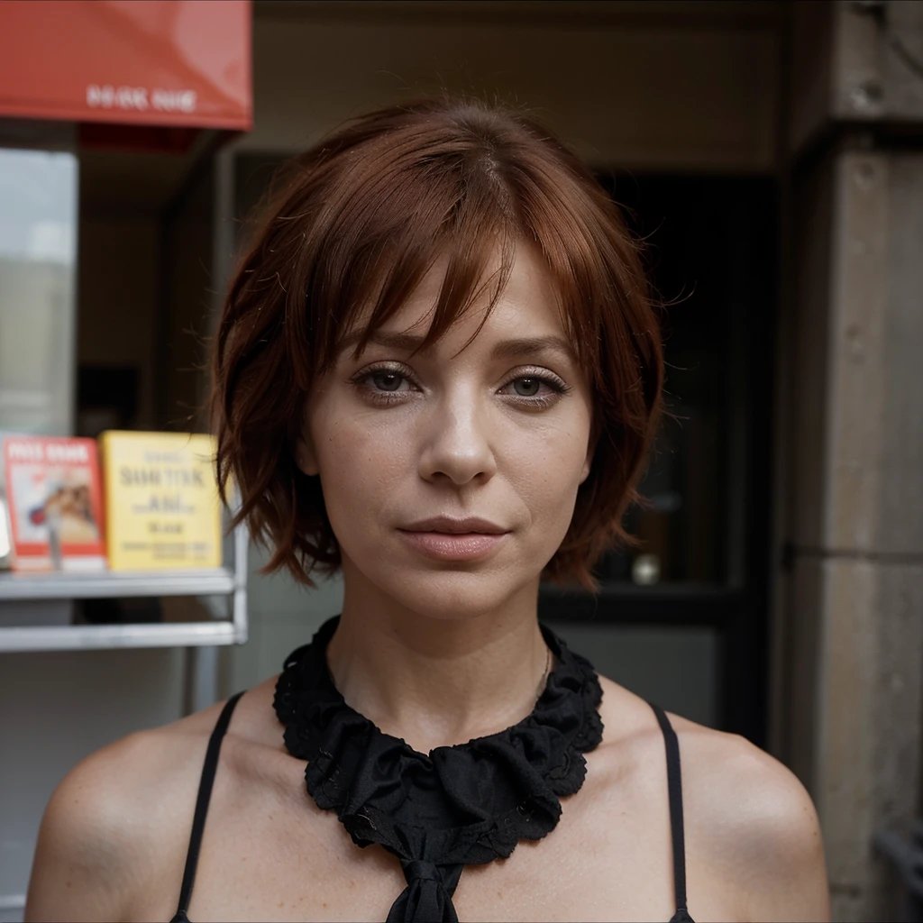stylish French singer Mylene Farmer, 30 years, with red short hair, with a stylish hairstyle, in fashionable clothes against the background of the street, Stylish photo, Fashion photo, Mario Testino style