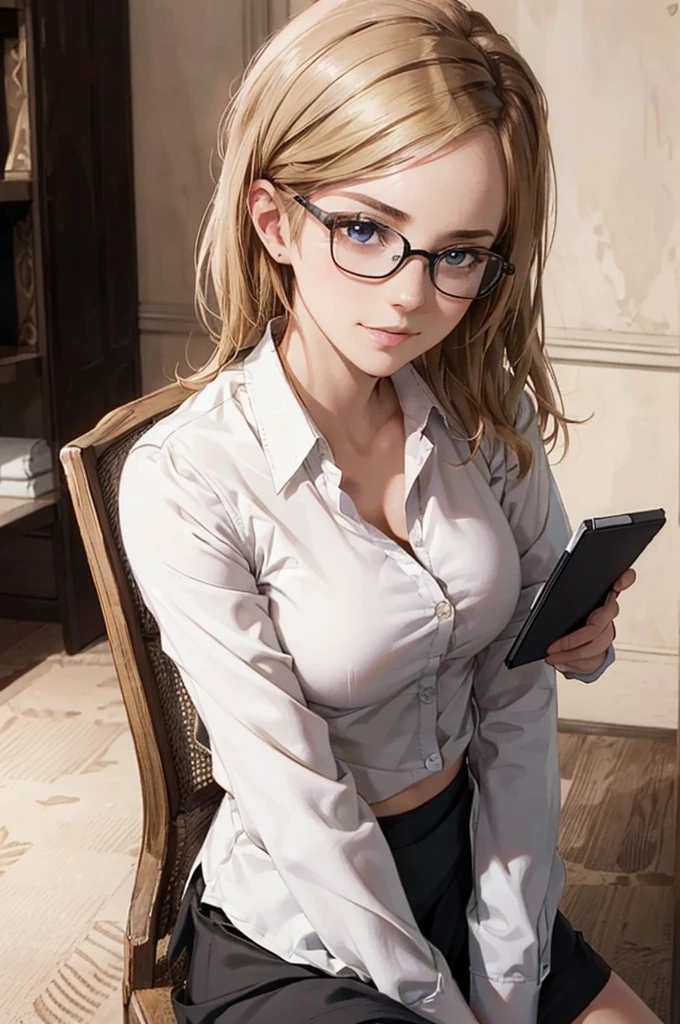 Masterpiece, 最high quality, high quality, High resolution, high quality texture, high quality shadows, High resolution, Beautiful details, Detailed CG, Detailed Texture, Realistic representation of face, Realistic, colorful, delicate, Cinematic Light, Side light, Lens flare, Ray Tracing, sharp concentrated, (1 Girl,concentrated:1.3), ( Intricate details, compensate, PureErosFaceV1:0.5), (細部まで美しいdelicateな顔, 緻密で美しいdelicateな瞳, Perfect Facial Proportions, Dense skin, Optimal ratio of four fingers to one thumb,Unified 8k wallpaper, Arms under chest, Modest chest, Wide Hips, Smooth upper abdomen, 35 years old, blue eyes, glasses, air fortress hair, blonde hair, house wife, the gaze of true love, lips of temptation, A look full of compassion ,a smile full of love, i love you, Acting lovey-dovey, I love you so much I'm crazy,
cabin attendant uniform,white blouse with open neck ,tight fitting black skirt,black stockings, excellent secretary ,working as a secretary, wooden desk, wooden chair,