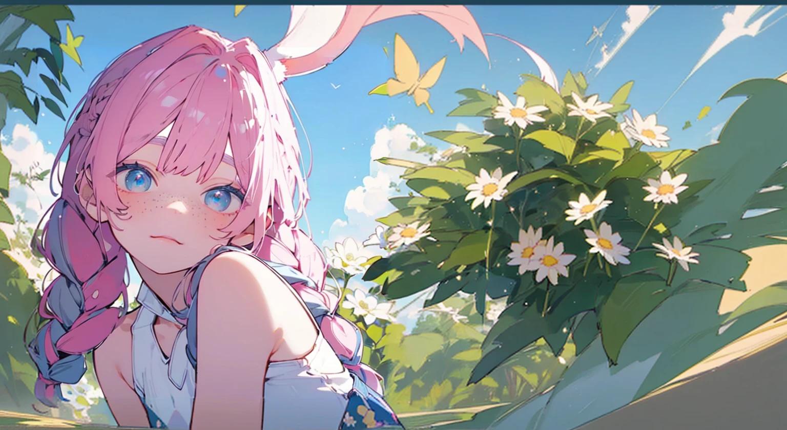 anime, Minimalism, anime style, chromatic aberration, sparkle, reflection light, ray tracing, panorama, UHD, masterpiece, accurate, super detail, high details, high quality, best quality, 8k, without people in the background, only the background, elaborate backdrop, summer, summer atmosphere, bright sky, high sky, huge horizon, warm sunlight, sun on the right, clouds on the background, lots of greenery, trees, detailed leaves, flowers, daisies, detailed flowers, field of flowers, birds in the sky, butterflies on flowers, detailed butterflies, glitter, sequins
